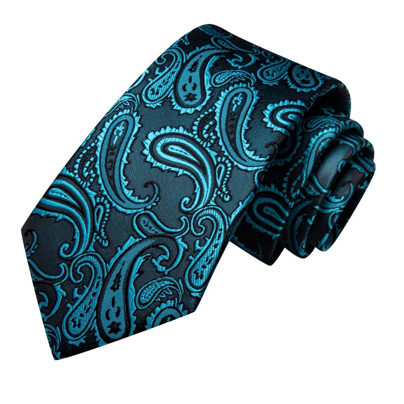 Hi-Tie Silk Paisley Ties for Men Necktie Pocket Square Cufflinks Set Foral Tie Sets Formal Business,Teal - Image 4